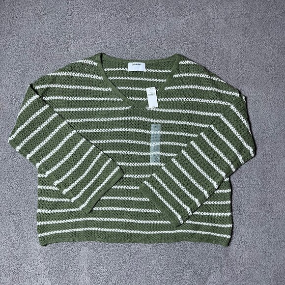 Old Navy Slouchy Crochet Olive Stripe V-Neck Sweater Women's Large - Picture 1 of 5